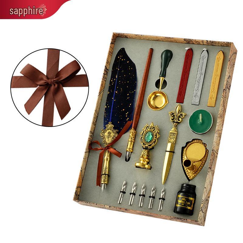 British Style Gold Splatter Feather Pen Set with Custom Logo - Ink Dipping Set, Birthday Gift