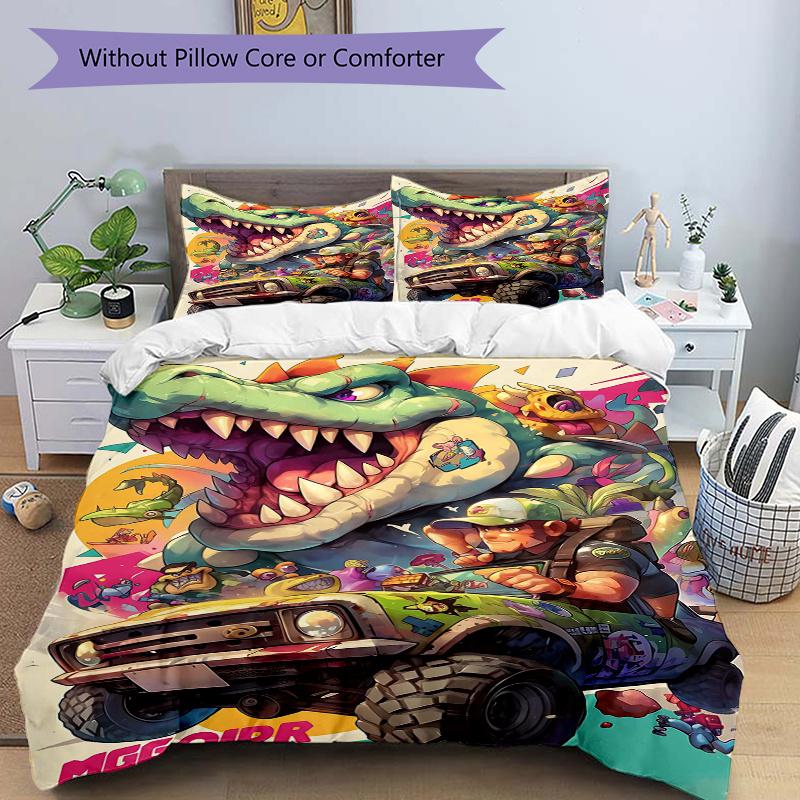 3pcs The Dino Driver's Wild Journey Print Cover Set Ultra Soft, Breathable, and Comfortable Bedding with Stylish Design for Bedroom and Guest Roo