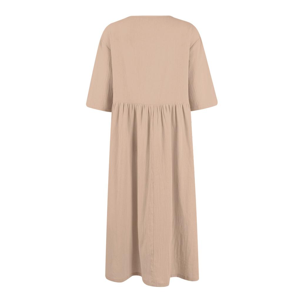 Women's Summer Solid Color Short Sleeved Pleated Round Neck Large Hem Dress