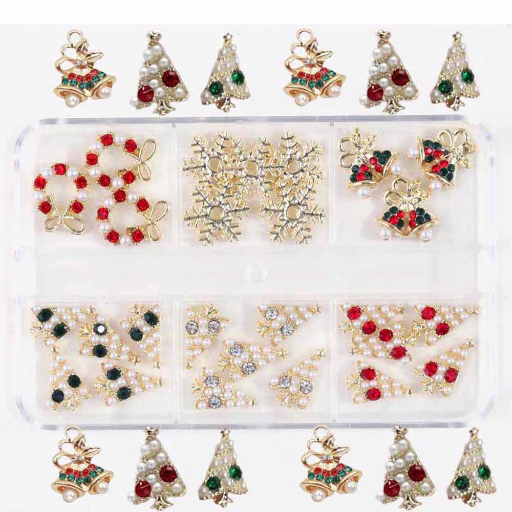 6Grid 3D Christmas Alloy Gold Snowflake Nail Charms 26/28pcs Christmas Tree/Wreath/Bell Gems Rhinestones Winter Holiday Nails