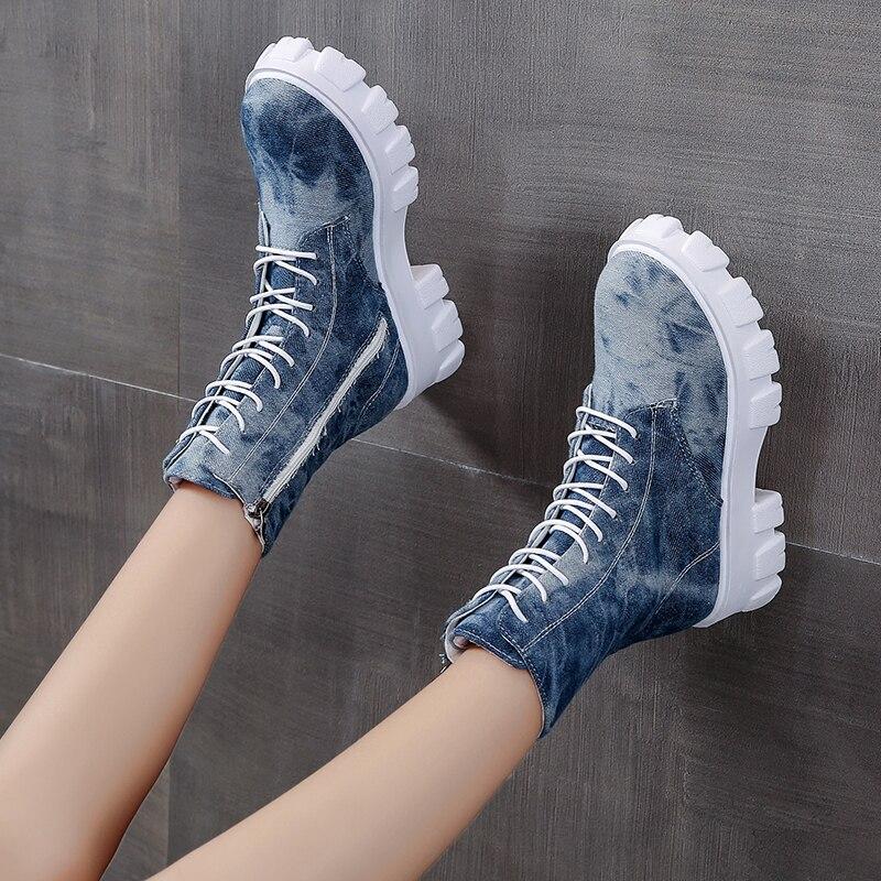 Новые джинсовые женские ботинки, женские туфли на платформе и массивном каблуке с круглым носком, джинсовые женские ботильоны, джинсовые повседневные ботинки на шнуровке