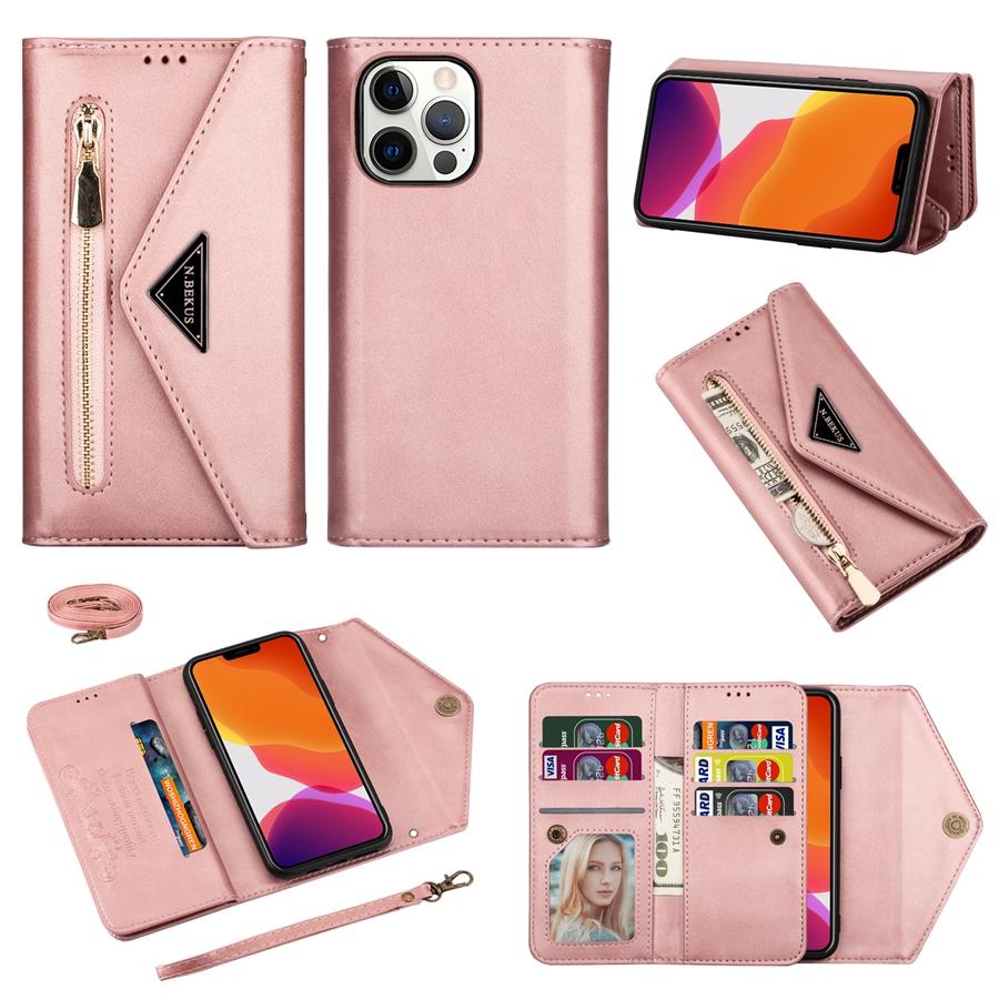 Wallet Skin-feeling Multi-card Zipper With Lanyard Leather Case For iPhone 14 Pro Max Samsung Galaxy A13 A33 A53 Xiaomi Redmi Note 11 Huawei P30 Lite