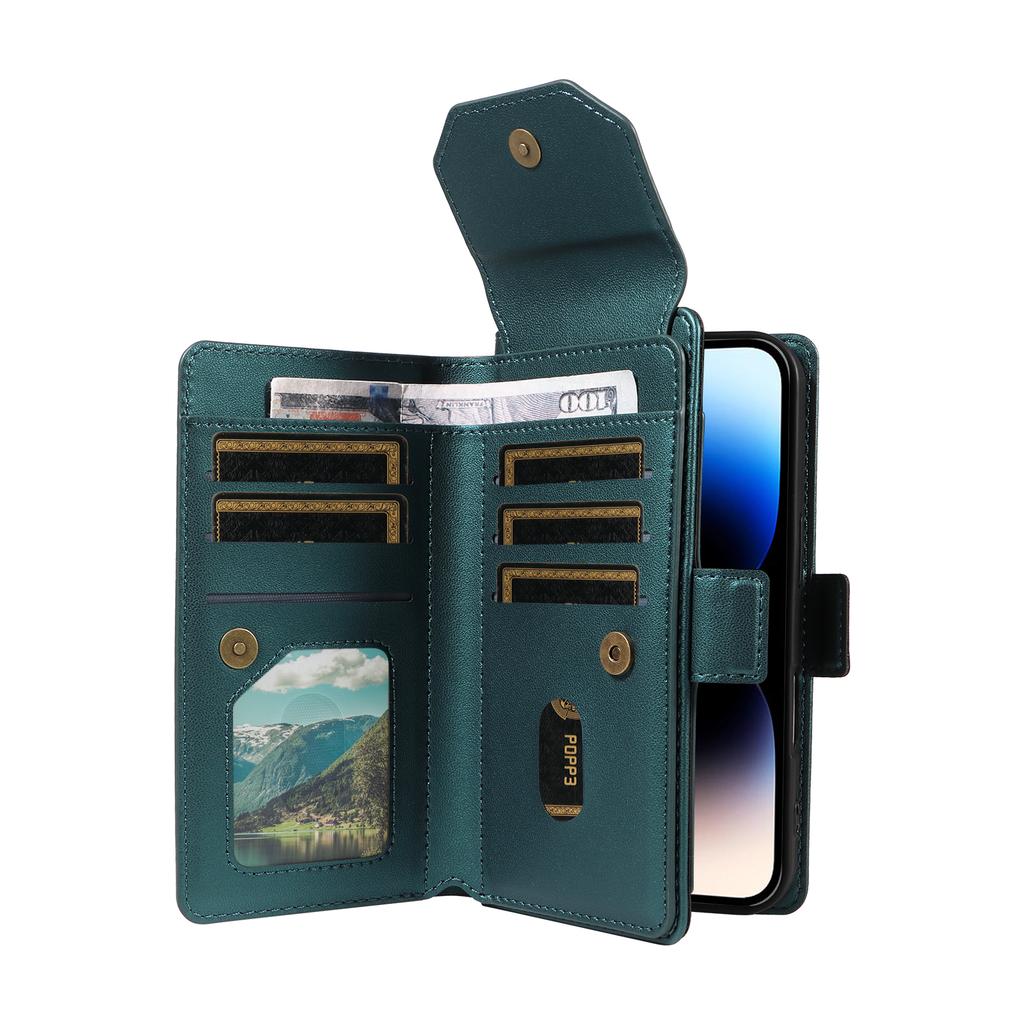 For iPhone 14 Pro Max Case with Multi-Card Holder and Strap PU Leather Phone Cover Stand