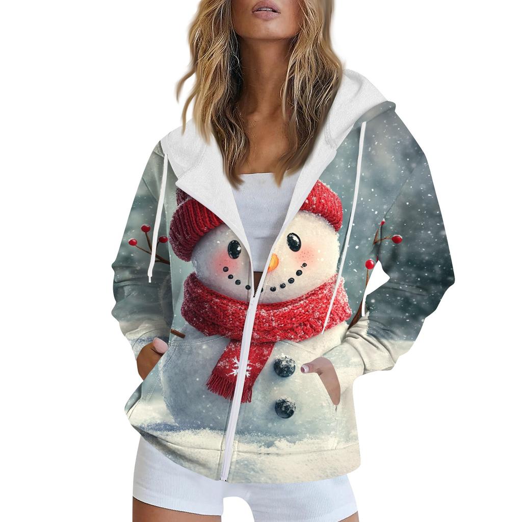 Женская рождественская печатная толстовка осень-зима с длинным рукавом кардиган куртка с карманами на молнии толстовка с капюшоном верхняя одежда