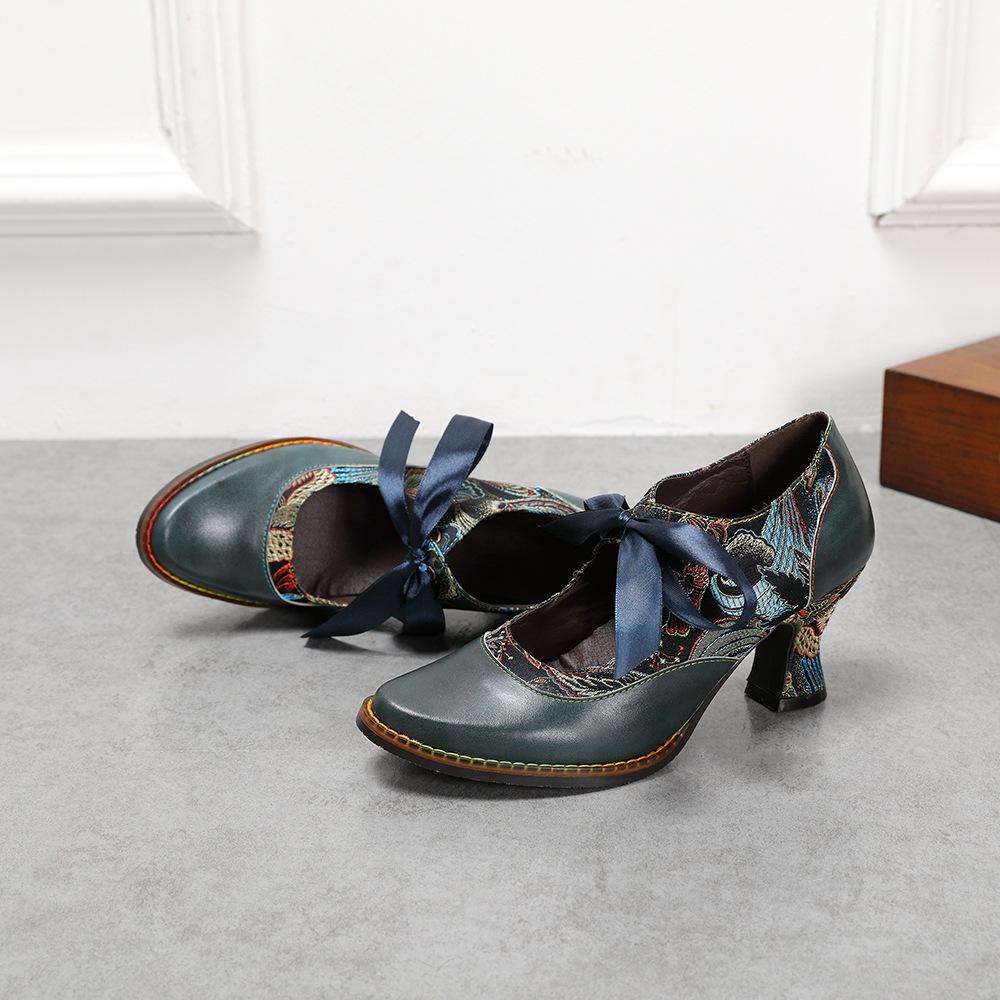 Johnature Женская обувь, туфли-лодочки, туфли-лодочки на высоком каблуке в стиле ретро, ​​женская обувь ручной работы на шнуровке с острым носком из натуральной кожи