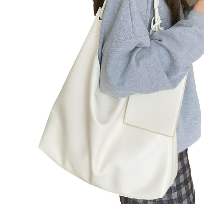 Large Capacity PU Leather Tote Bag Soft Minimalist Solid Color Shoulder Women Daily Use Urban Style