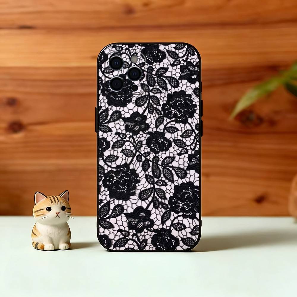 Черный чехол с кружевным принтом для iPhone 17,16,15,14,13,12,11 Plus,Pro Max,XS,Мягкий силиконовый черный чехол