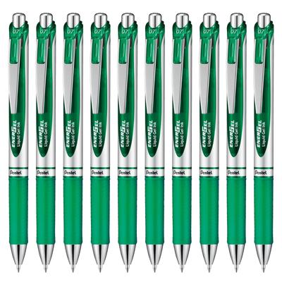 Pentel EnerGel Гелевая шариковая ручка Серебряная 10 ручек Ручка, Выдвижная, 0,7 мм, Корпус, Зеленый,