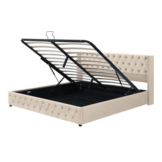 Composite Bed Upholstered with Curved Headboard, Double Row of Rivets, Velvet, Button-Tufted Headboard And Footboard, 160x200cm, Hydraulic Function