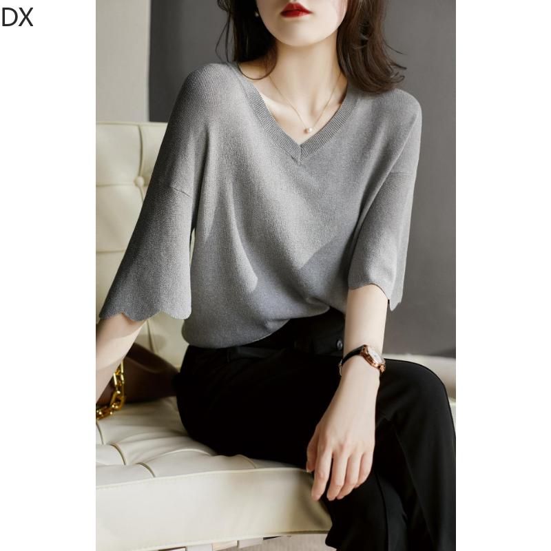 DX-Micro расклешенный топ с лепестковыми рукавами и v-образным вырезом, женская летняя вязаная футболка, свободный свитер из ледяного шелка с короткими рукавами, тонкая женская рубашка в иностранном стиле