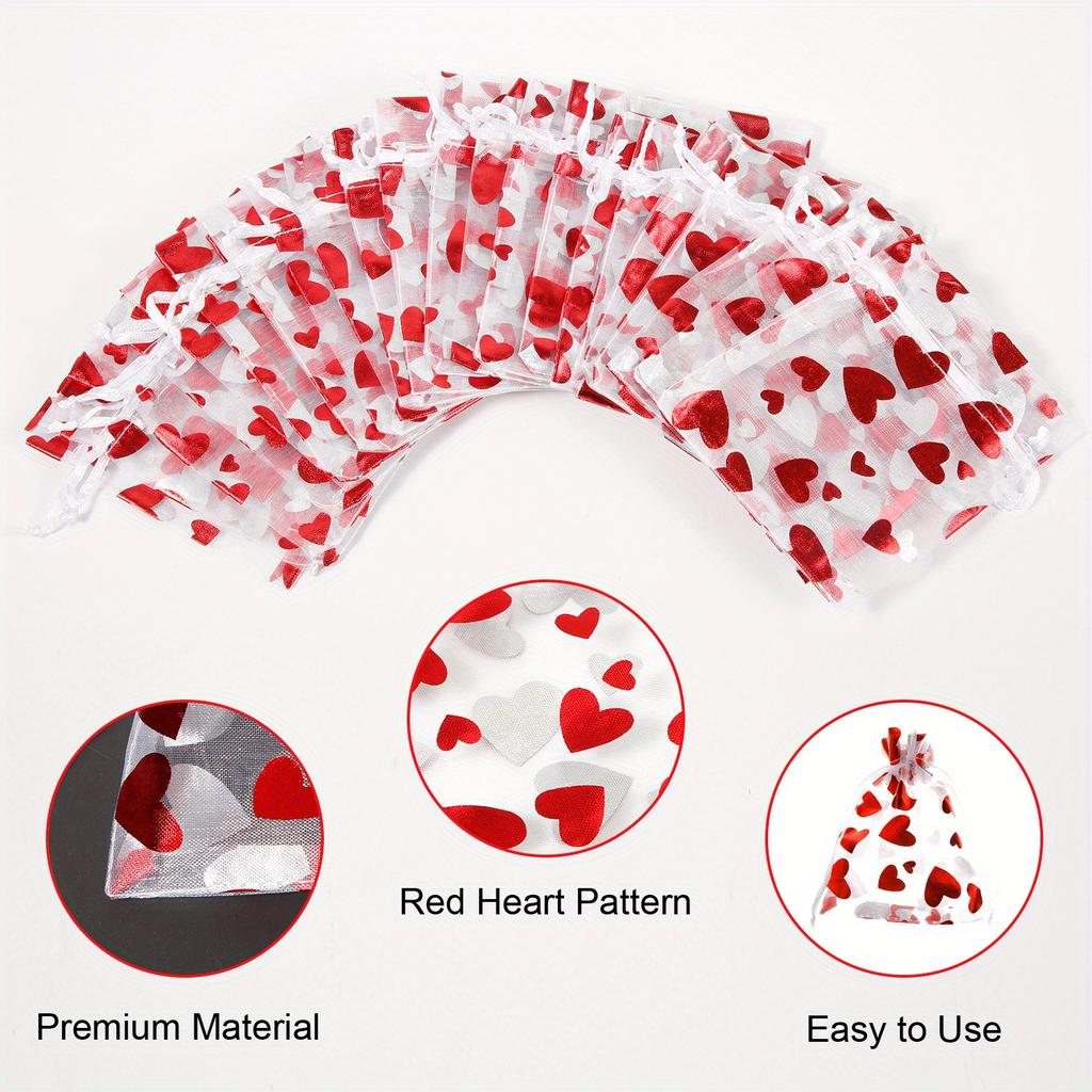 50pcs Valentine'S Day Organza Candy Bags,Red Heart-Shaped Mesh Jewelry Pouches with Drawstring Closure,Perfect for Wedding