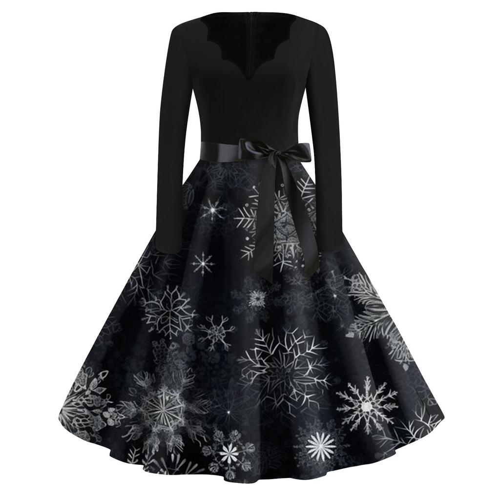 Women's Fashion V-Neck Casual Slim Christmas Printed Long Sleeve Dresses