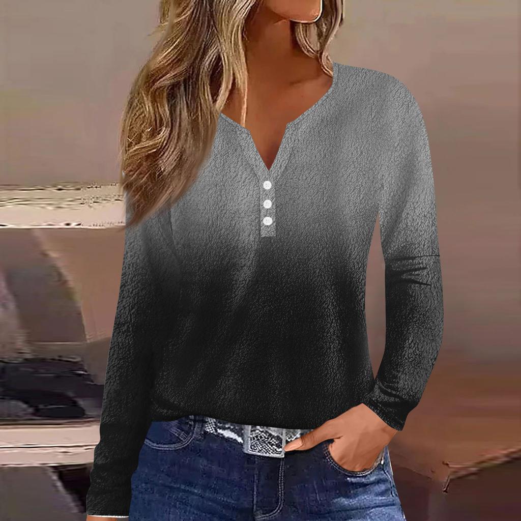 Women's Fashion Casual Printed V-Neck Long Sleeve Button Down T-Shirt Top