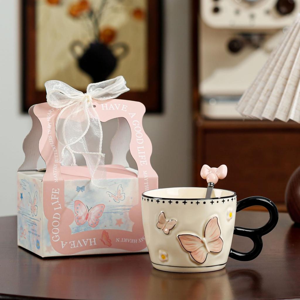 Высококачественная чашка-бабочка в форме сердца для девушки, сувенирная чашка для воды, подарок на день рождения, кофейная кружка с ложкой, керамическая чашка
