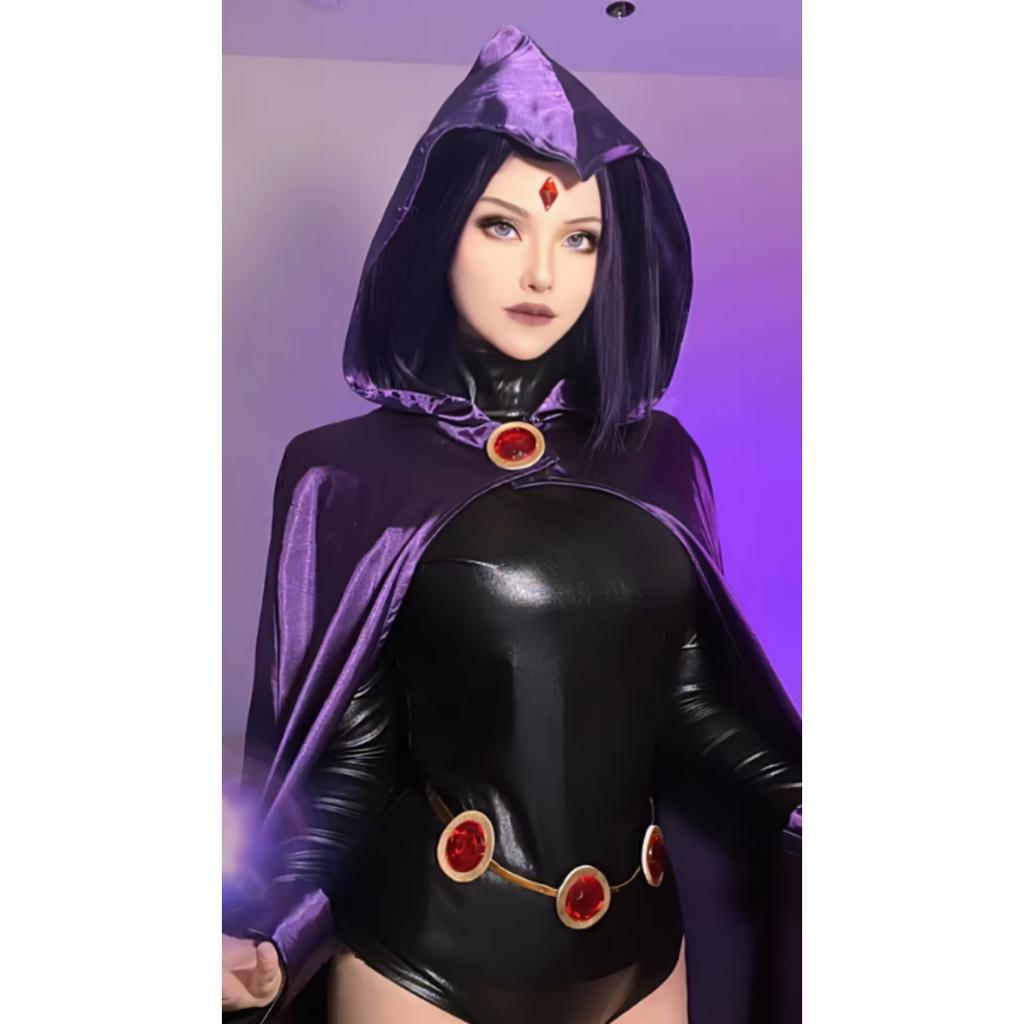 Костюм для косплея Raven из Teen Titans, женский костюм, боевое тело Magic Girl, комплект с фиолетовым плащом с капюшоном
