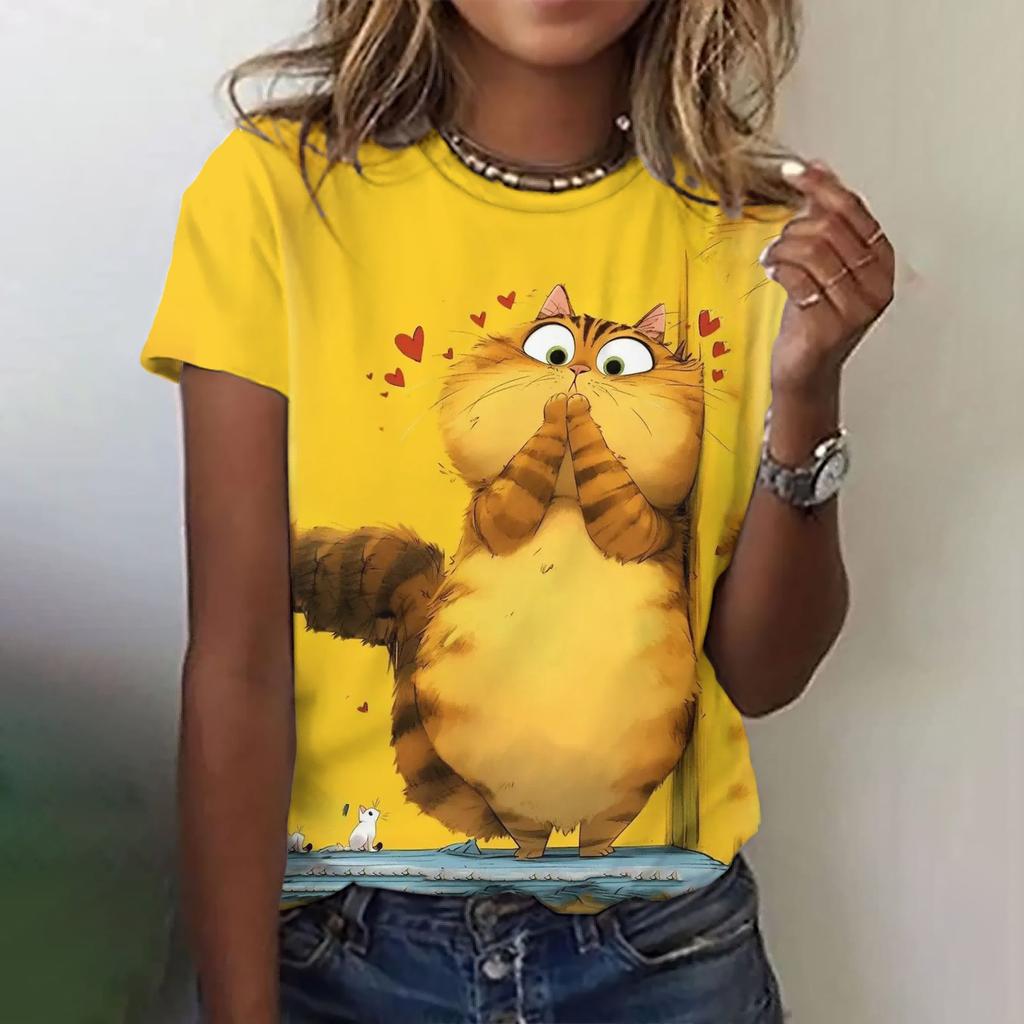 Женская модная футболка с круглым вырезом, летняя одежда, забавная повседневная футболка с коротким рукавом и принтом кота, модная свободная футболка, женская одежда