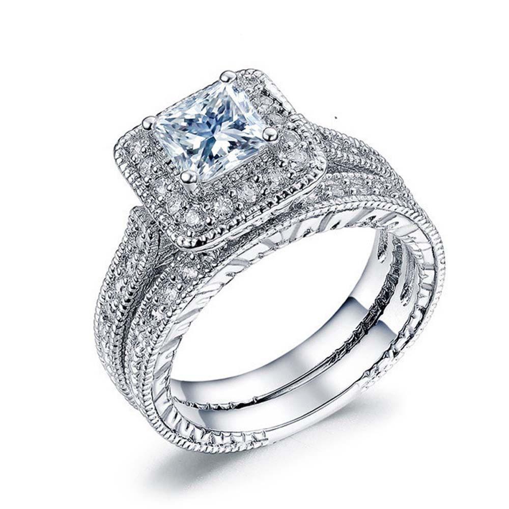 Luxury Silver Plated Square Diamond Ring Set for Couples Fashion Elegant Wedding Band