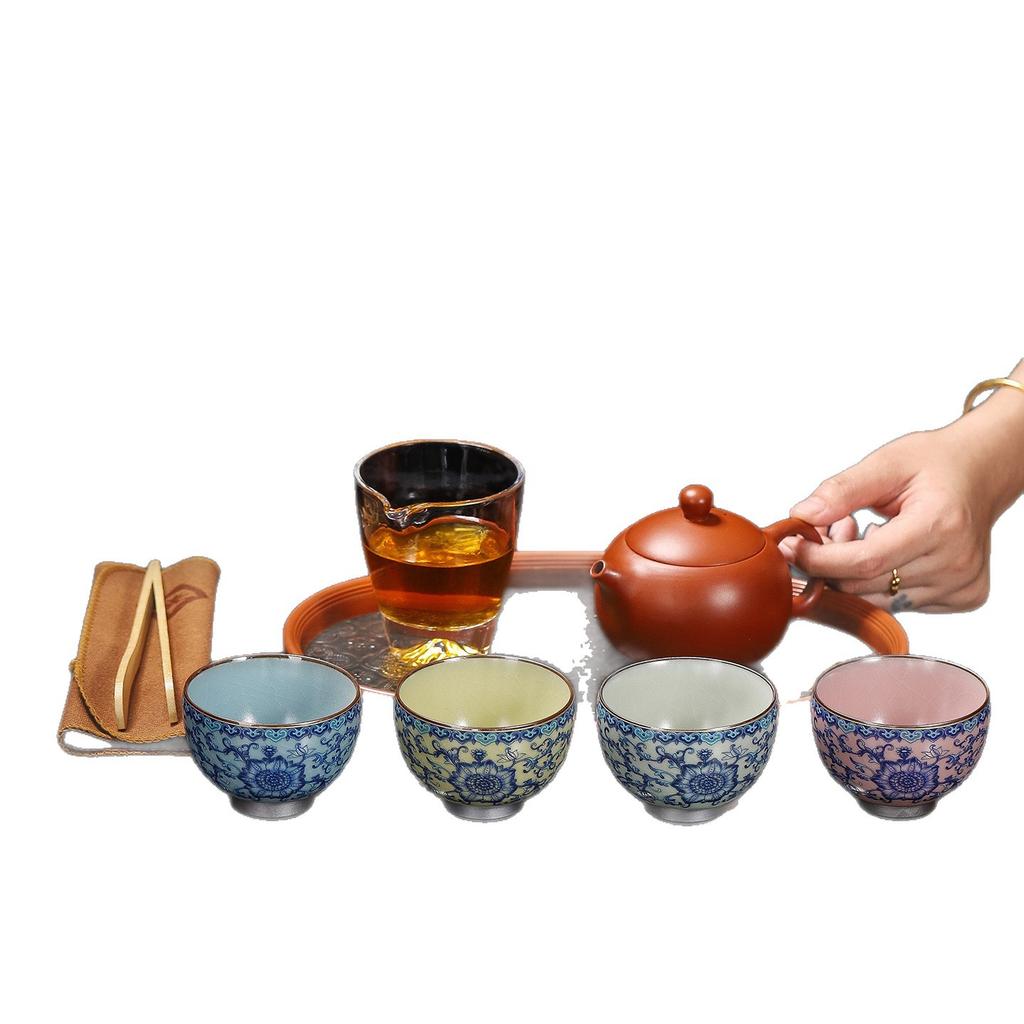High-end Ru kiln travel tea set, one pot of four cups, purple sand Xishi pot glass, fair cup, business event gifts