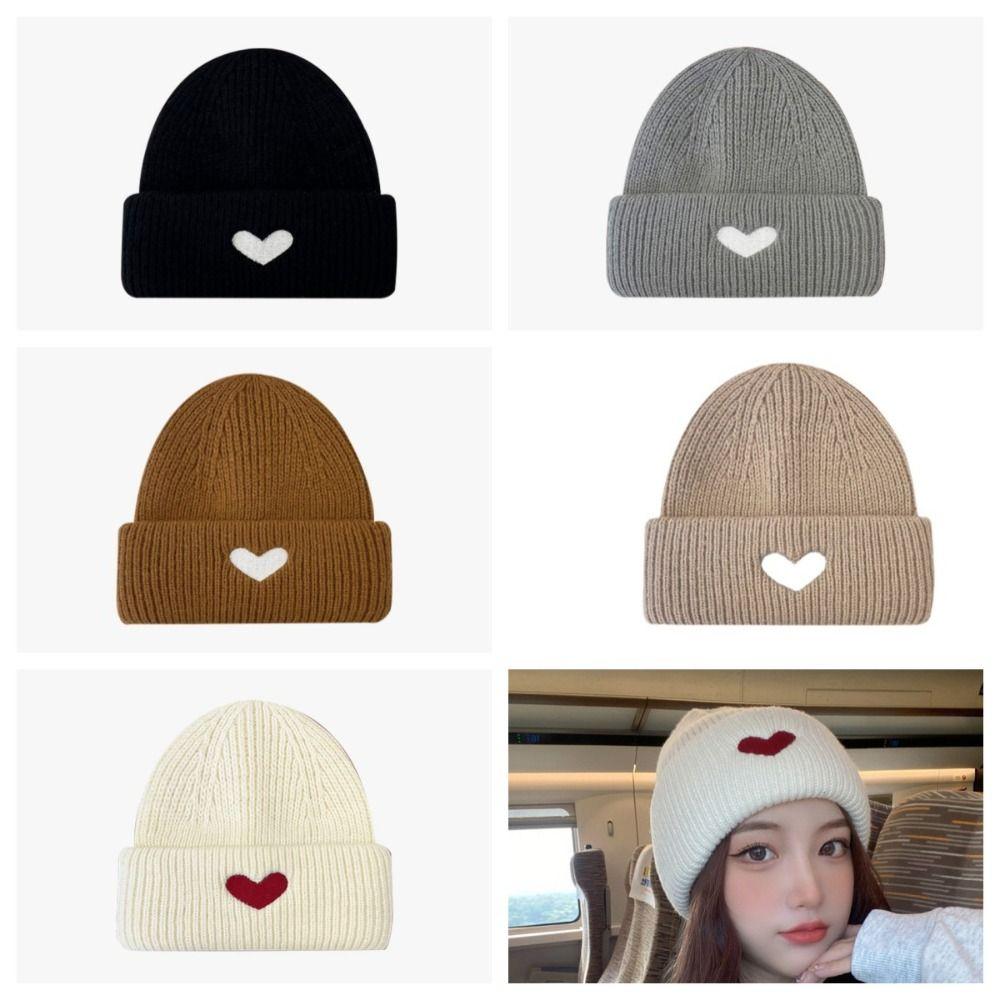 Solid Color Heart Knitted Hat Woolen Love Skullies Beanies Soft Women