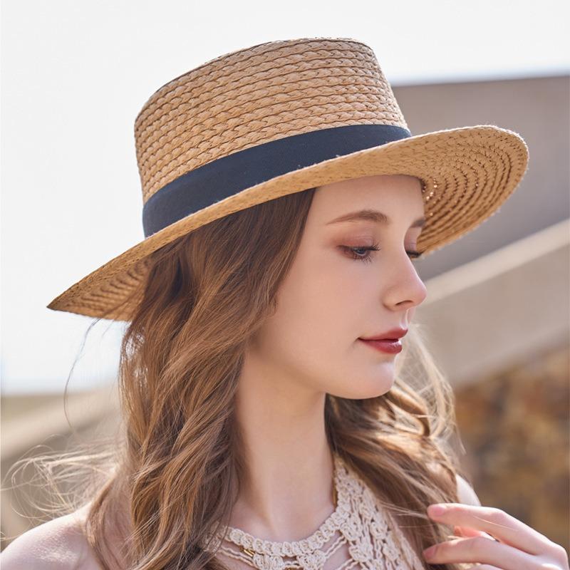 Top Hat British Fashion Flat Brim Hat Flat Top Straw Hat Seaside Beach Shade Sun Hat