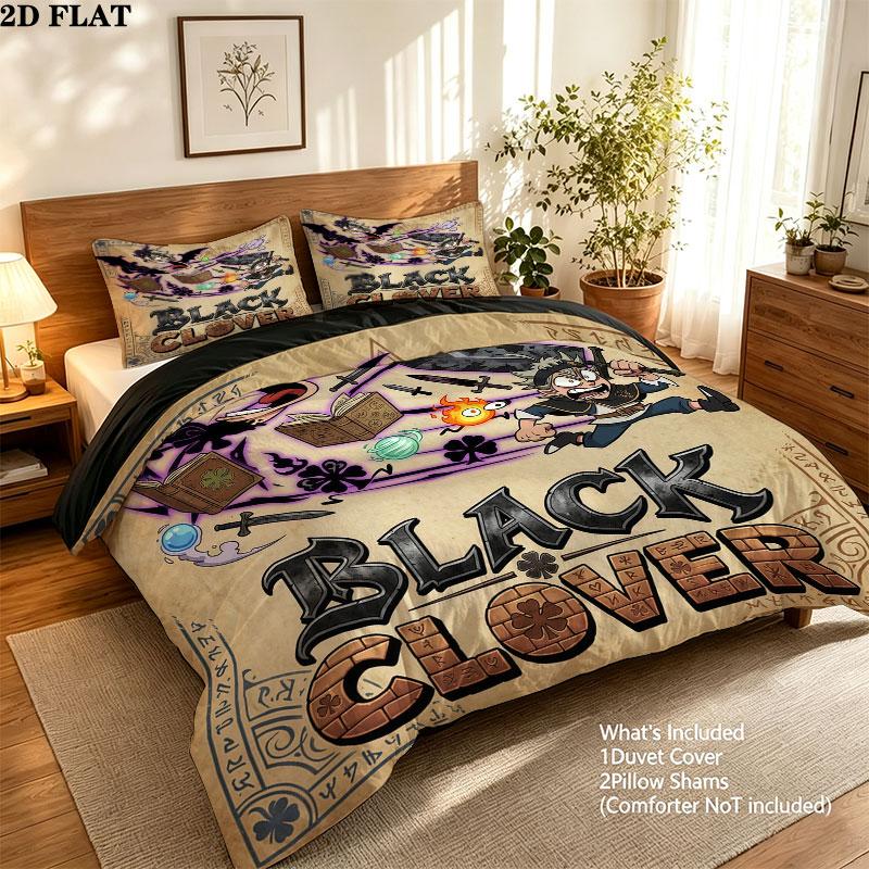 Black Clover Pattern Bedding Quilt Set Quilt Cover Pillowcase Home Birthday Gift(1 * duvet cover + 2 * pillowcase, without core)