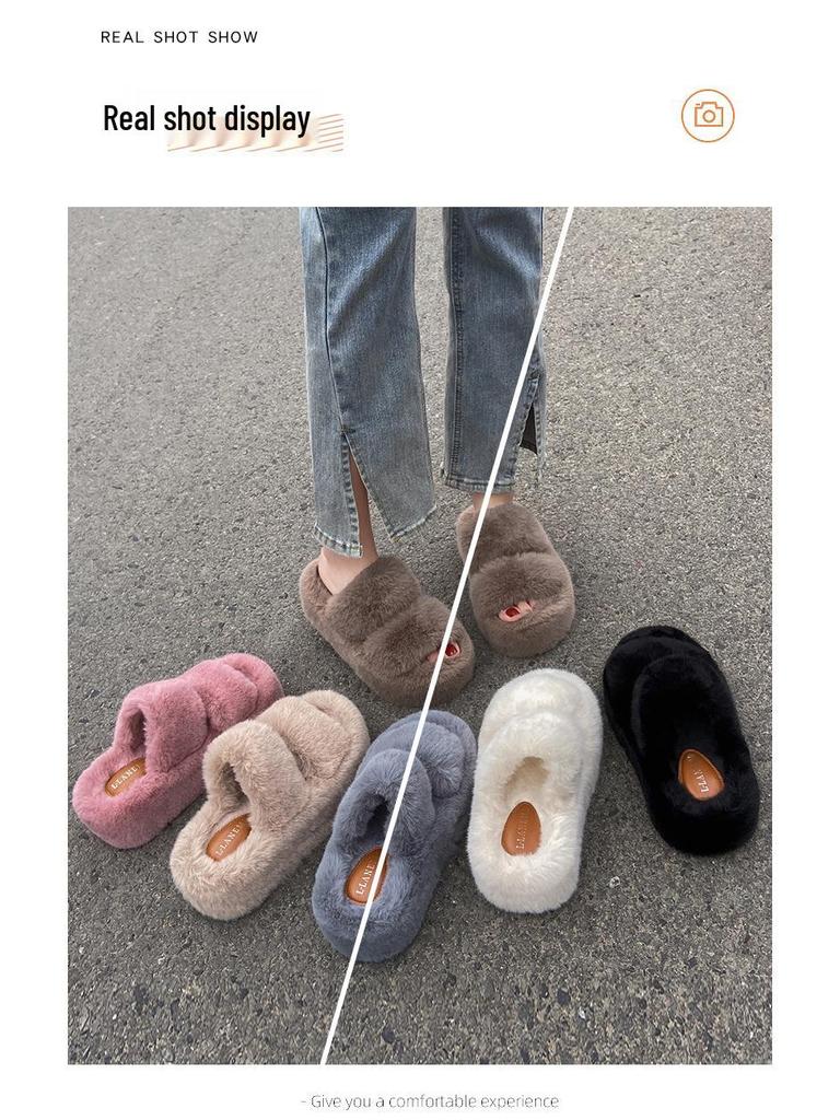 Женские пушистые тапочки, увеличивающие рост - Осень/Зима 2023: Двойной ремешок, Толстая подошва, Корейский стиль, Плюшевый хлопок, Размер 35-42