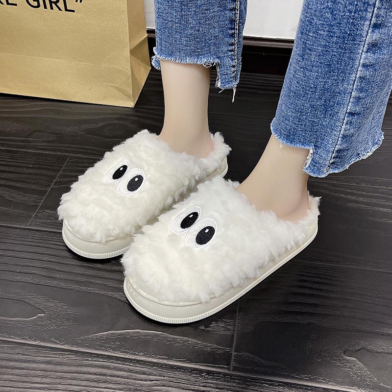 Модные хлопковые тапочки для женщин Новые 2024 Осень Зима Домашние Нескользящие Домашние Теплые Домашние Слайды Женские Милые Плюшевые Тапочки с Мехом с Большими Глазами