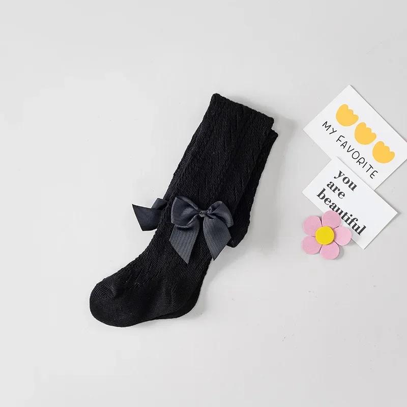 Детские колготки для новорожденных девочек, бесшовные леггинсы с ажурной вязкой и бантом, хлопковые колготки для малышек 0-4Т