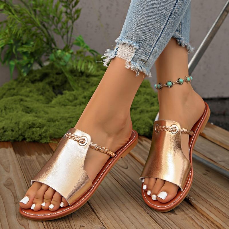 Summer Plus Size New Slippers Round Toe Open Toe Woven Simple Beach Casual Soft Slip Flat Flip Flops