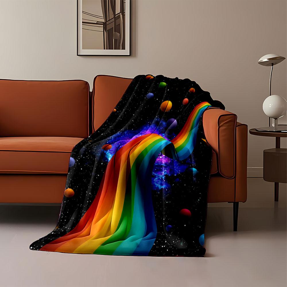 A flowing rainbow ribbon amidst colorful planets and a starry cosmic backdrop. for all seasons blanket lunch break throw gift