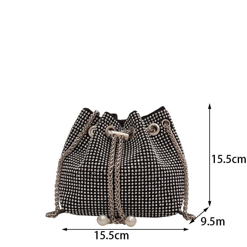 Fashion Women Drawstring Rhinestones Shoulder Bag Luxury Bucket Crossbody Bag