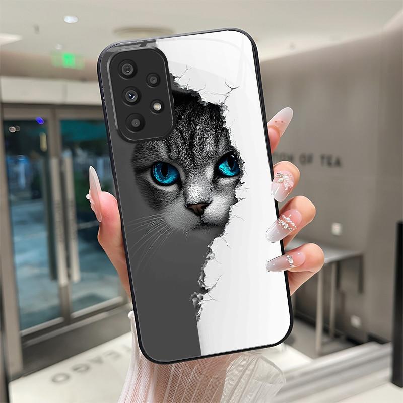 Cute Cartoon Cats Flower Case For Samsung Galaxy A52 A52S A72 4G 5G Tempered Glass Phone Case Protective Back Cover Hard Shell