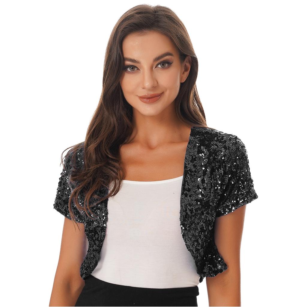 Womens Glitter Sequin Cropped Waistcoat Jacket Cardigan Coat Shiny Outwear Stage Performance Costume