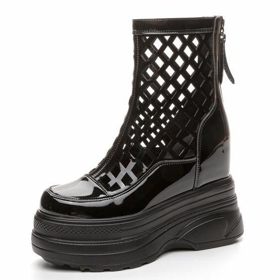Fashion 11cm Hollow Patent Leather New Summer Breathable Wedge Platform Wedge ZIP Fashion Sandals Casual Knee High Ankle Boots Shoes 204