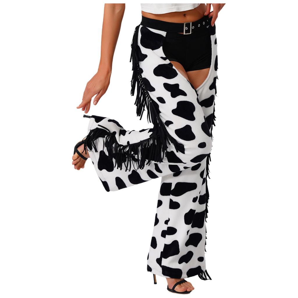 Womens Cow Spot Pattern Flannel Long Pants - with Side Tassel, Adjustable Waist, Open Crotch for Biking Riding Cowgirl Chaps Halloween Cosplay
