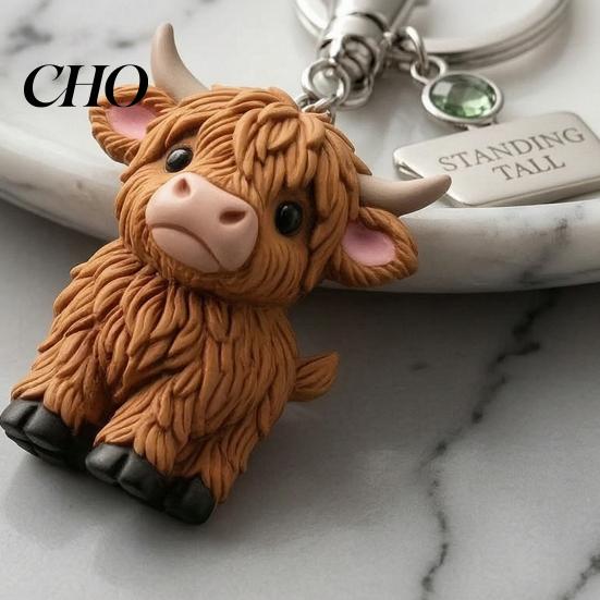Cow Lover Gift Keychain Pendant Highland Charm Key Chain with Inspirational Pink Still Standing Tall Label Soft Alloy Resin Keyring Animal Accessory