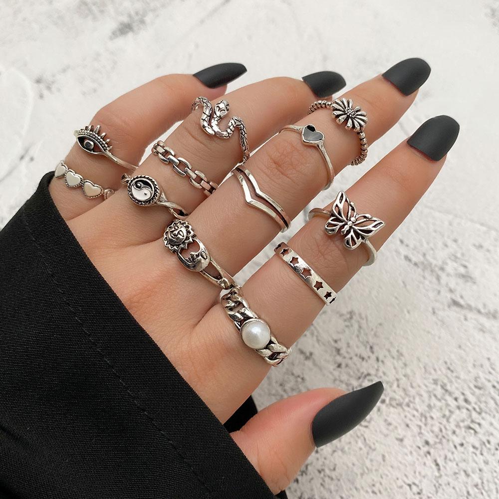 Панк-готический комплект колец Пара Комбинированное кольцо со звездой Инь Ян Ретро Кольцо Солнце-Луна Простой змеиный глаз Бабочка Сердце Полый комплект колец Механическое кольцо