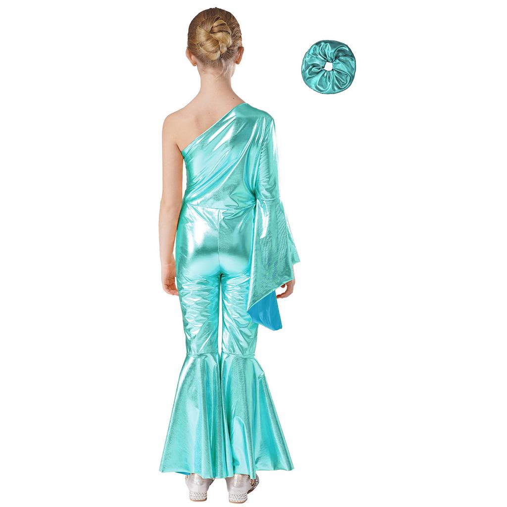 Девочки Блестящий Расклешенный Танцевальный Костюм Модный Комбинезон на Одно Плечо с Расклешенным Рукавом Повязка для Волос Головной Убор для Выступлений