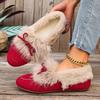 Женские плюшевые лоферы широкой полноты, мокасины слипоны с бантом, зимние низкие удобные туфли для женщин