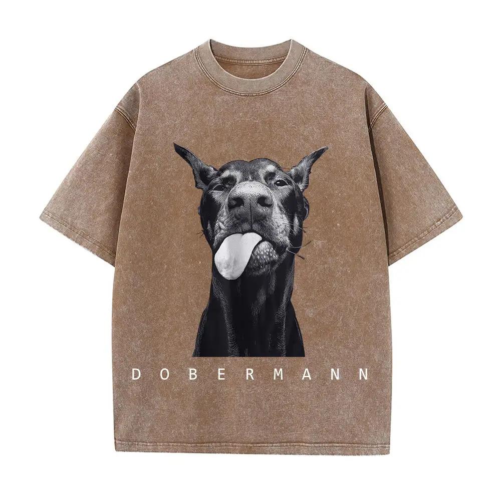 Vintage Doberman T Shirt Men Oversized Washed Cotton Dog Graphic Tee Retro Streetwear Casual Summer Short Sleeve