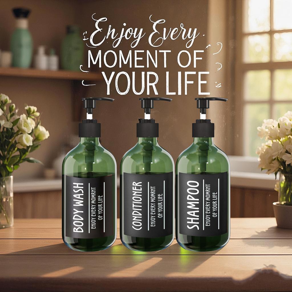 3pcs 500ML Round Bottles Green /Amber Lotion Bottle Plastic Soap Dispenser Portable Shampoo Conditioner Dispensers with 6 Labels