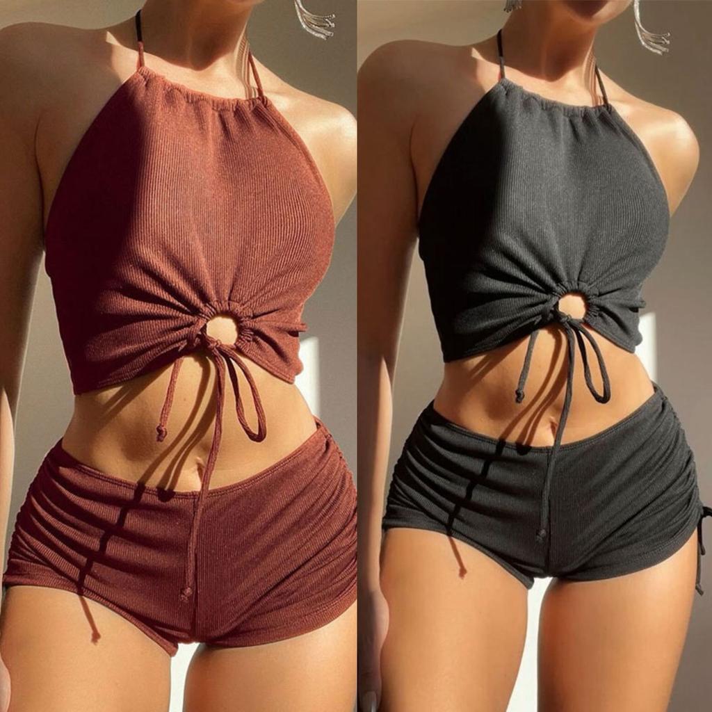 New high-waisted suspender straps split swimsuit women's summer flat angle sports beach bikini