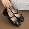 Sweet Bowknot Silver Mary Jane Shoes Women Patent Leather Thick Heels Pumps Woman 2025 Spring Ankle Buckle High Heels Shoes