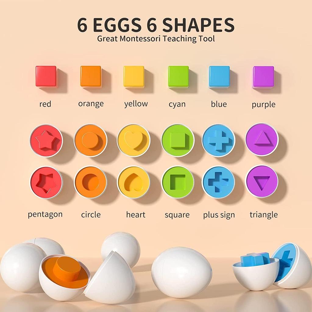 Color Matching Game Shape Sorter with 6 Toy Eggs, Fine Motor Skills Sensory Toys, Montessori Educational Toys Easter Gifts for 3 4 5 6 Girls Boys Baby
