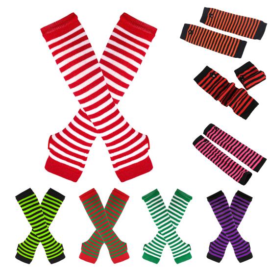 Длинные полосатые митенки для женщин, зимние длинные перчатки без пальцев, повседневные вязаные перчатки до локтя с отверстием для большого пальца