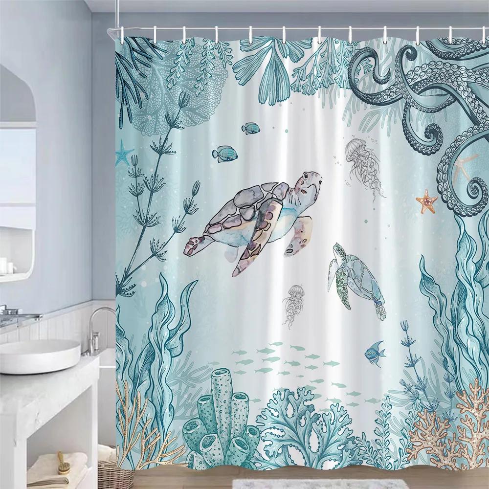 Ocean Animals Shower Curta Sea Turtles Starfish Coral Seaweed Underwater Scenery Polyester Bathroom Curtain Decor with Hooks