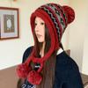 with Pom Pom Knit Earflap Hat Cold Proof Outdoor Fall Winter Hat Warm Knit Beanie  Women