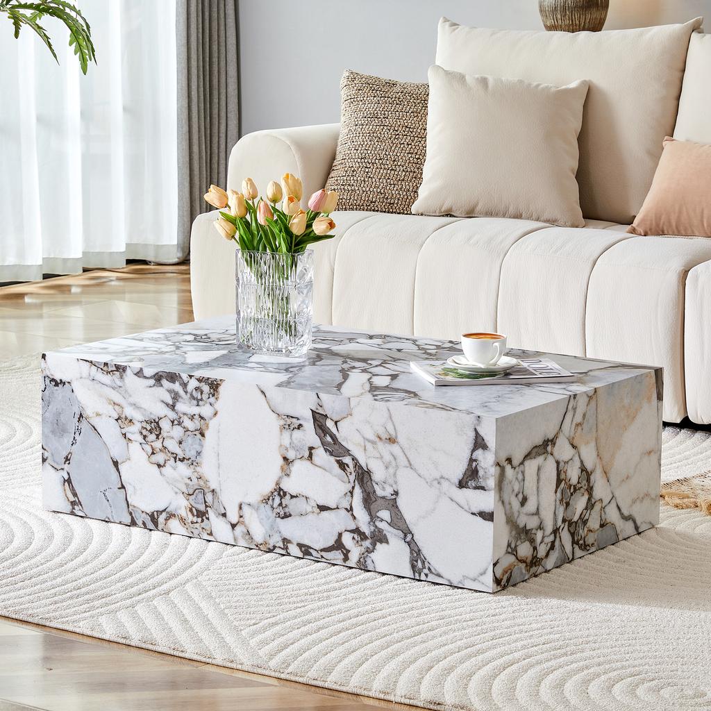 White rectangular coffee table, marble-imitation texture, 90×50×30 cm, MDF, no assembly required. Luxury, Scandinavian, Northern European style.