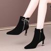 Fashion Black Elegant with Medium Heels Booties Autumn Winter Bow Ankle Boots for Women Pointed Toe Woman Short Shoes Chic Goth Footwear