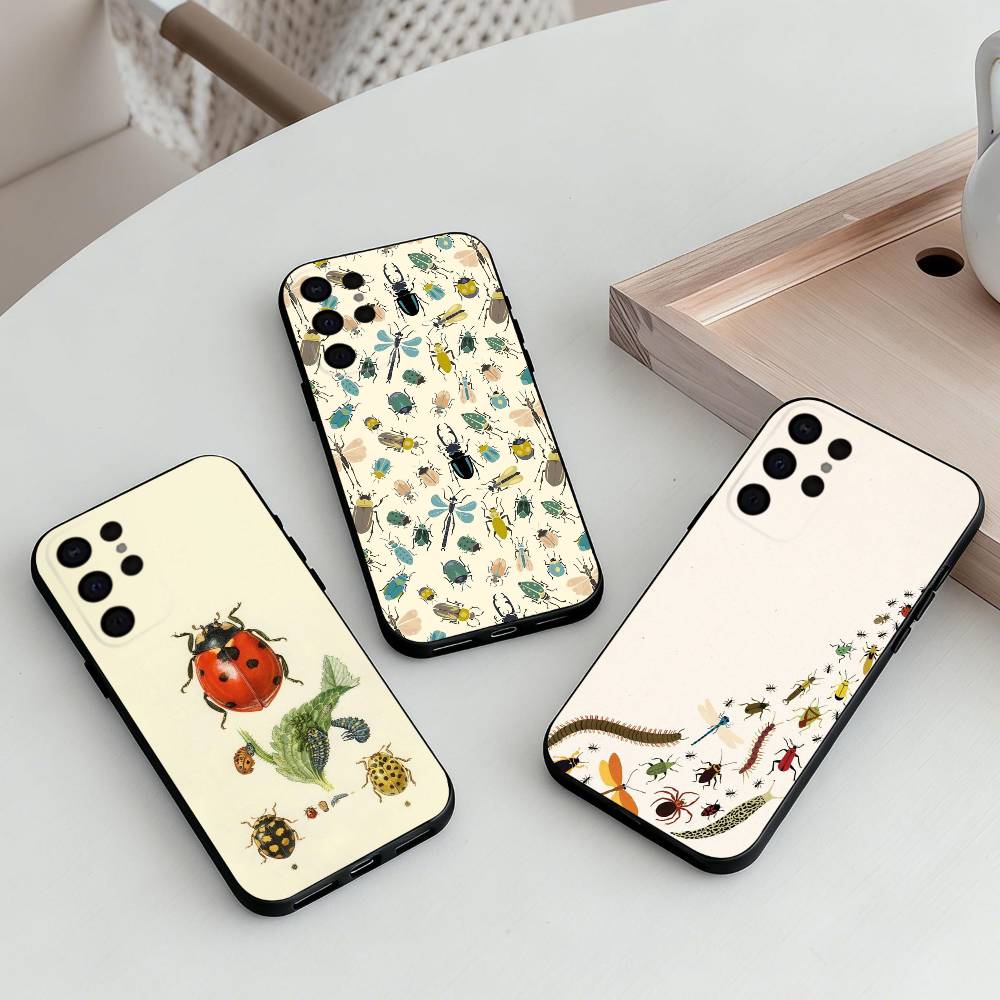 Чехол для телефона с изображением насекомых и жучков для Samsung S25, S24, S21, S22, S23, S30, Ultra, S20 Plus и других моделей, мягкий, черный.